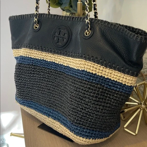 Tory Burch Black, Cream and Navy Woven Tote - Picture 2 of 8